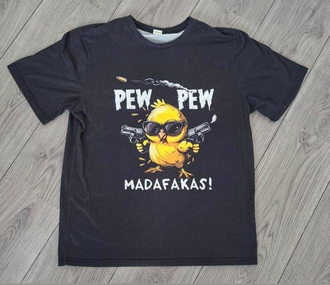 Zwart T-shirt M - 'Pew Pew Madafakas!' Kuikenprint, Ophalen of Verzenden, Gedragen, Maat 48/50 (M), Zwart