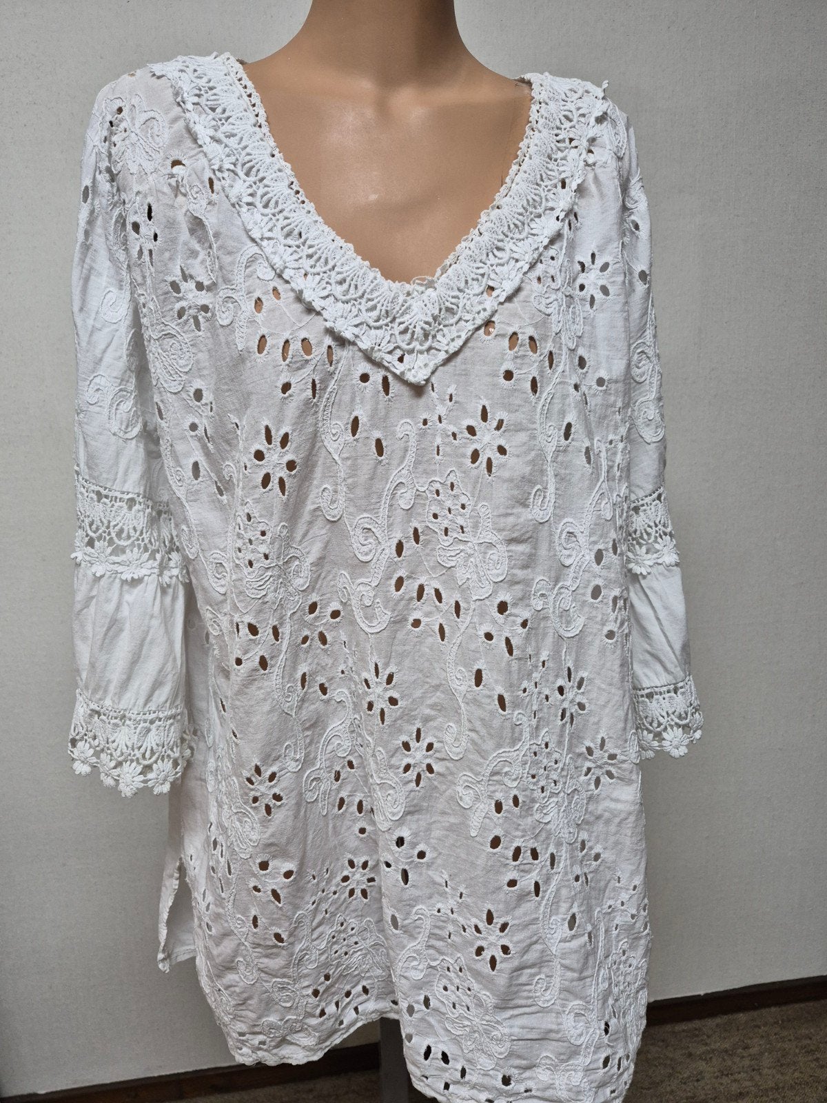 Witte broderie tuniek xl-xxl prachtige blouse met kant ibiza, Ophalen of Verzenden, Zo goed als nieuw, Maat 46/48 (XL) of groter