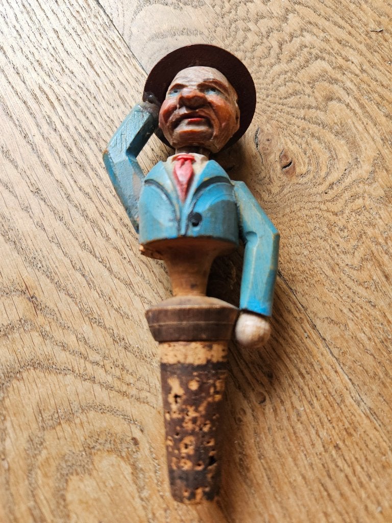 Vintage houten flesstopper met figuur, Ophalen of Verzenden