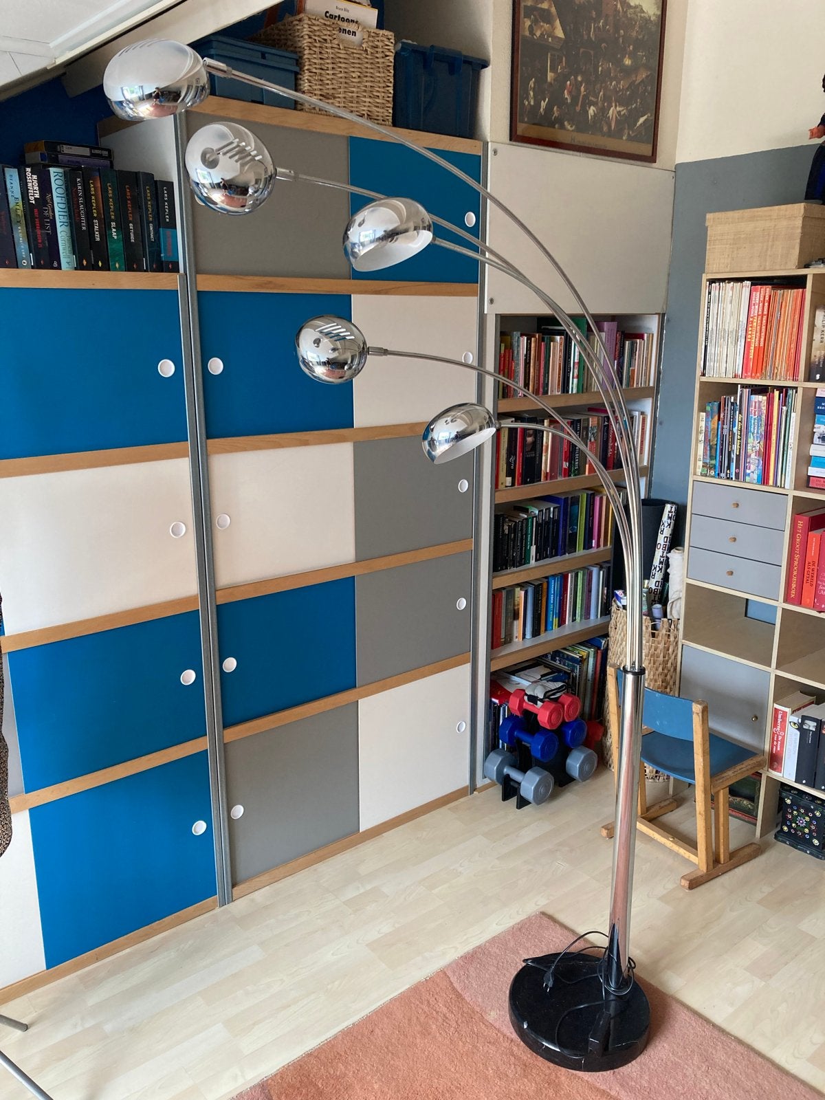 Zilveren booglamp met 5 kappen en marmeren voet, Ophalen, 200 cm of meer, Design, Overige fittingen