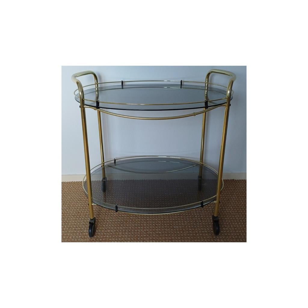 Vintage serveerwagen / theewagen met glazen bladen, Ophalen, Gebruikt, 50 tot 100 cm, Vintage, Hollywood Regency
