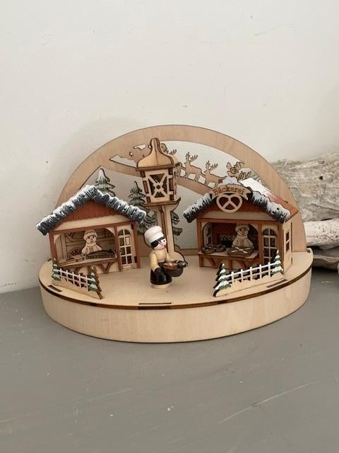Houten kerstdorp / bakkerij. Met licht. Kerstmis dorp, Ophalen, Zo goed als nieuw