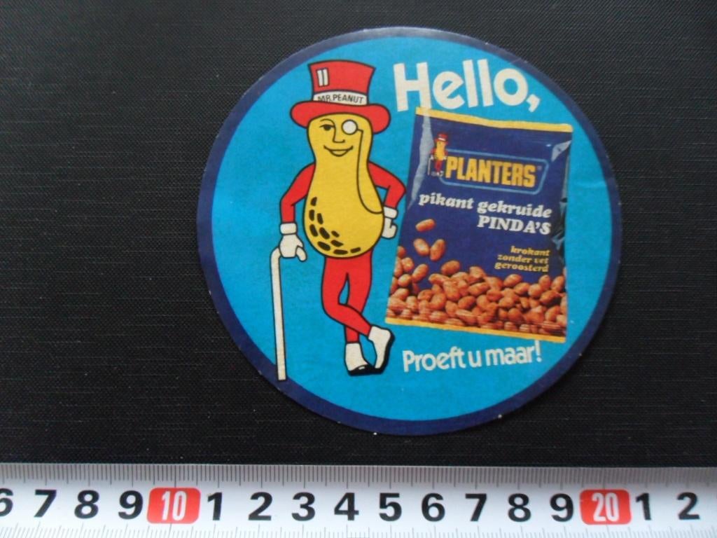sticker Hello, PLANTERS pikant gekruide PINDA'S, Verzamelen, Ophalen, Zo goed als nieuw