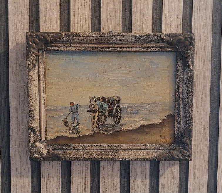 Antiek Schilderij "Schelpenvisser" N Anker Landberg Olieverf, Origineel werk, Overige ondergronden, Impressionistisch, Ophalen of Verzenden