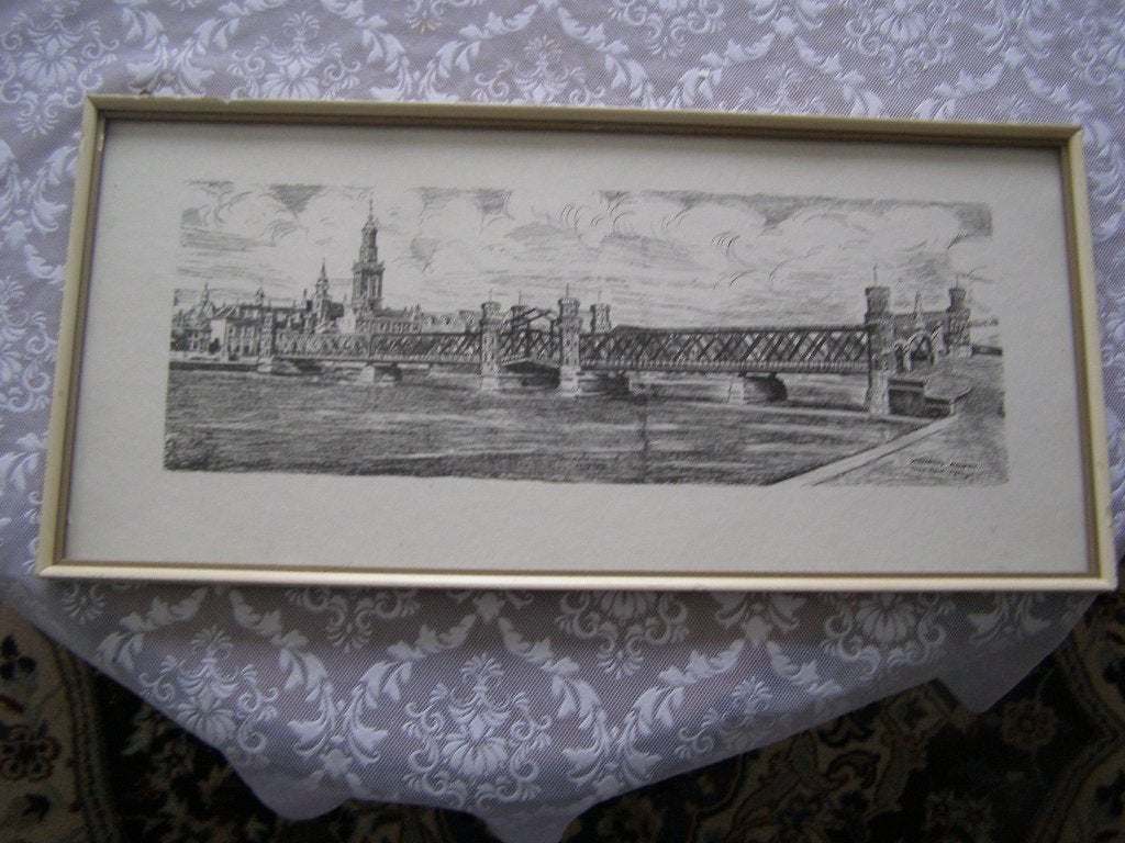 Prent zwart wit, ingelijst; Brug bij Kampen voor april 1945, Ophalen, Papier/karton, Decoratieobject, Klassiek
