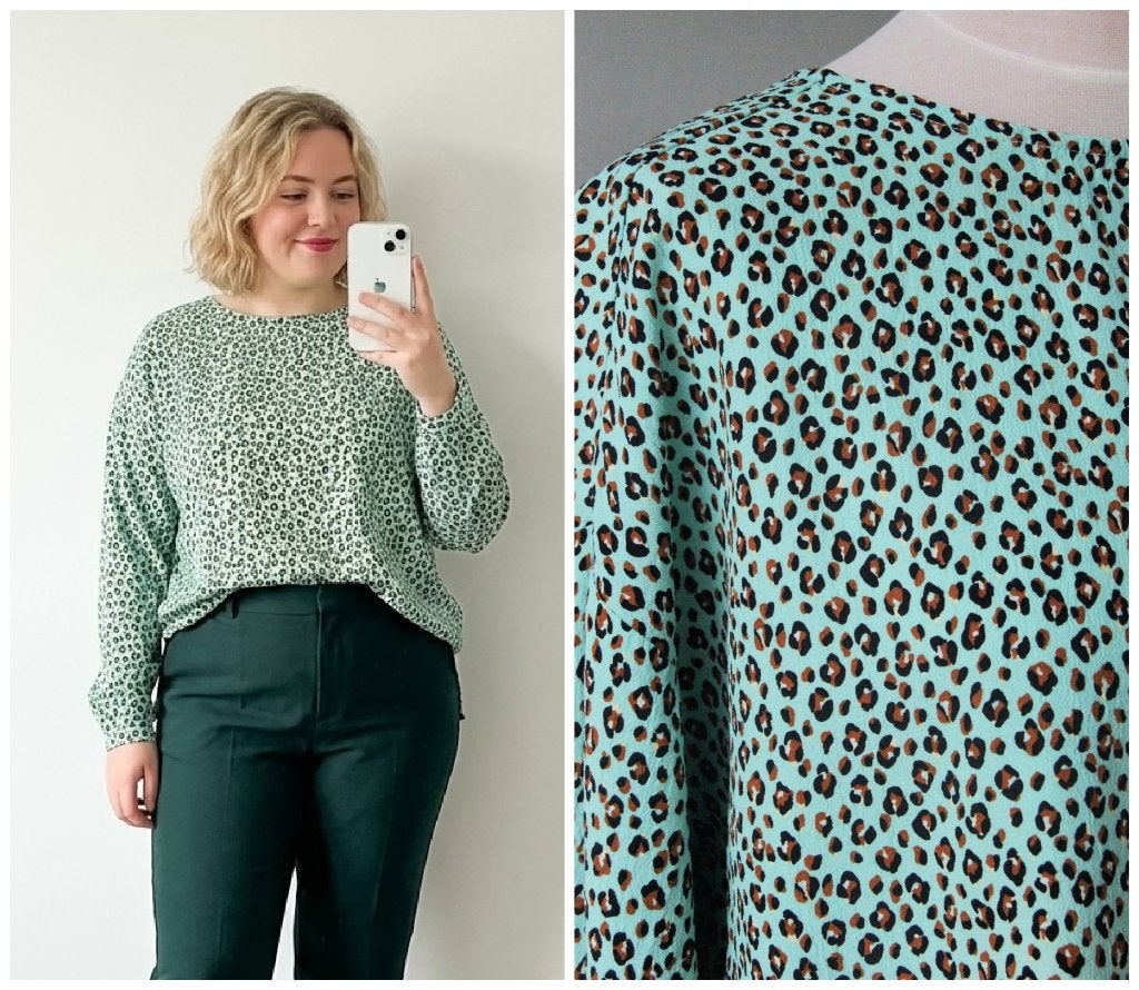 Miss E - mintgroene blouse met luipaard print - maat L, Kleding | Dames, Verzenden, Maat 42/44 (L), Zo goed als nieuw, Miss Etam