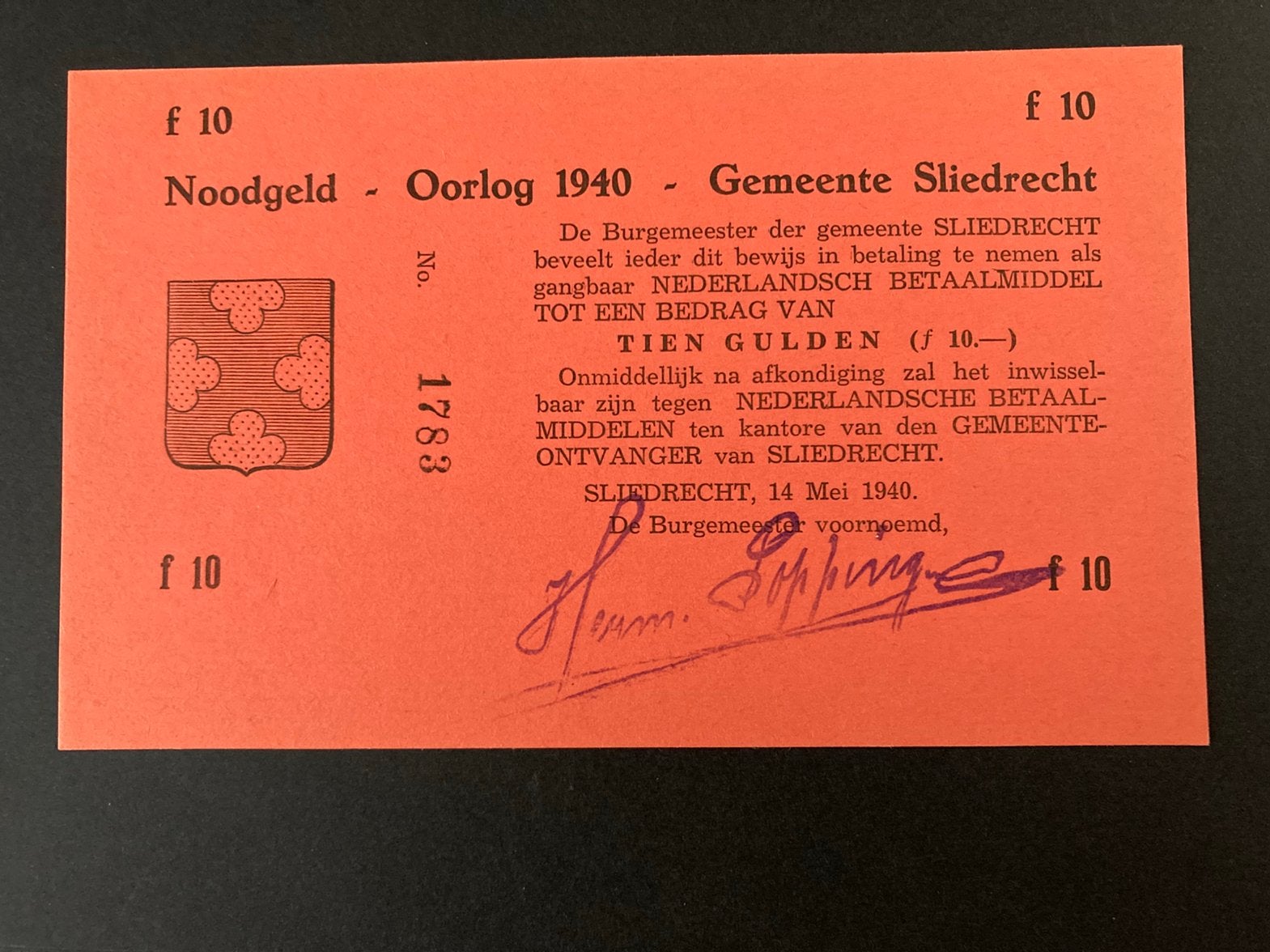 Noodgeld 10 gulden 1940 Sliedrecht PL875.3.b horizontaal, Postzegels en Munten, Bankbiljetten | Nederland, Ophalen of Verzenden