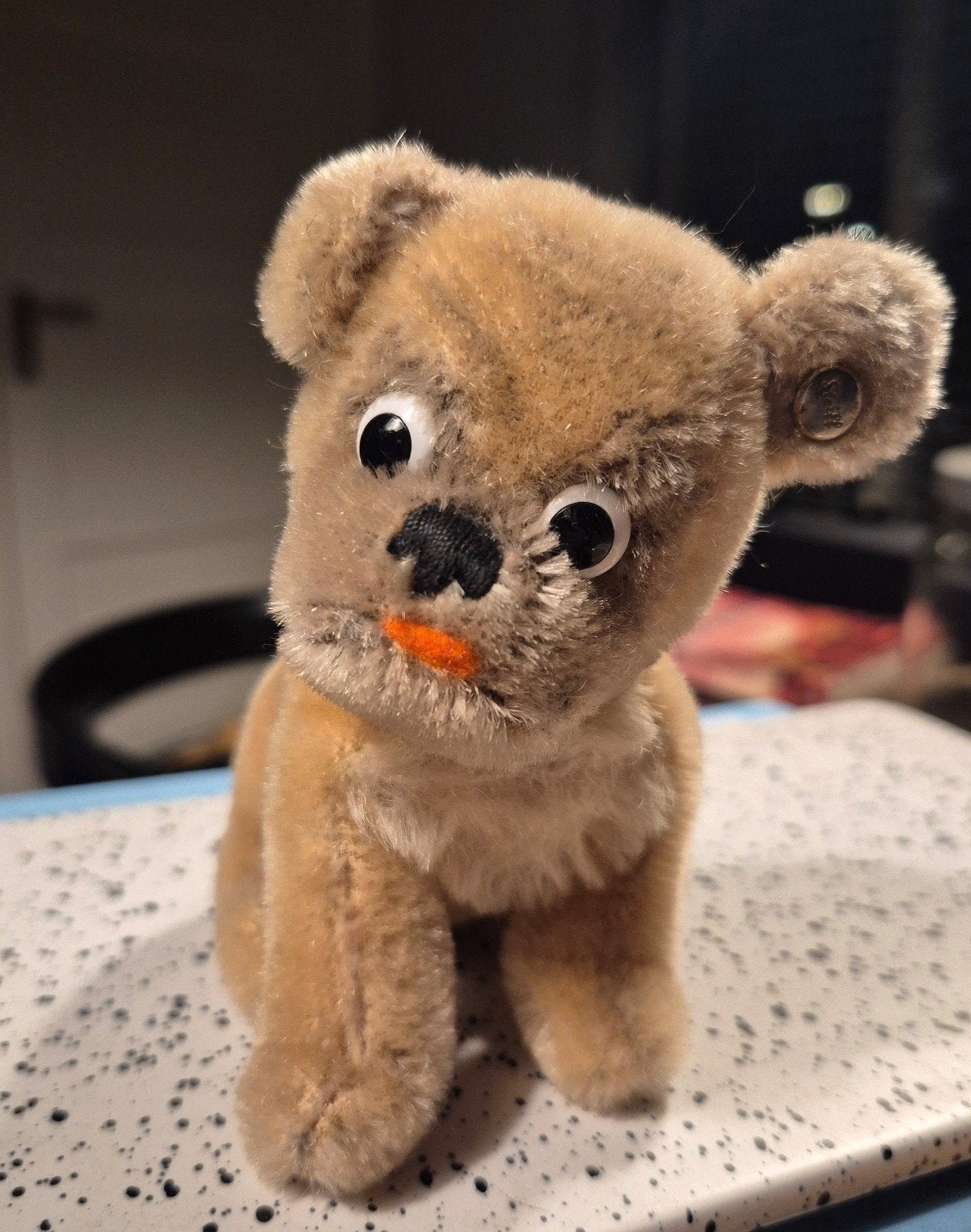 Vintage Steiff hondje Mopsy, 10 cm, met knop, Antiek en Kunst, Ophalen of Verzenden