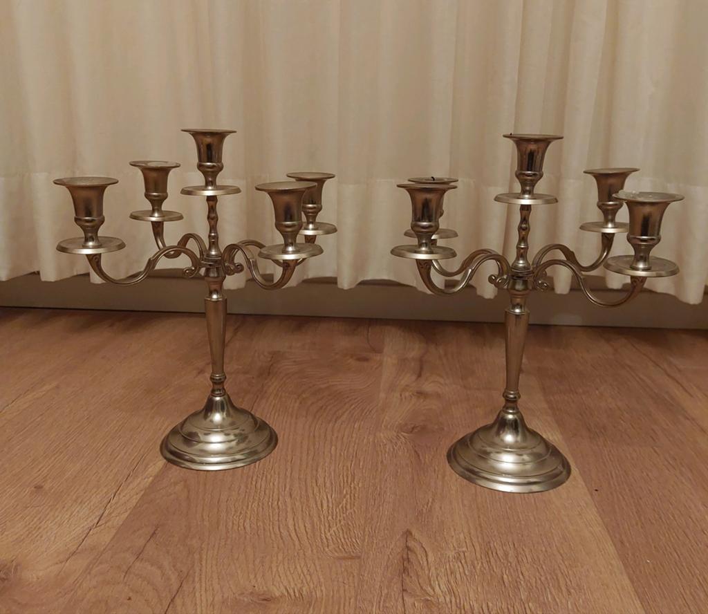 Set chromen kandelaars €15,- 30 cm hoog, Antiek en Kunst, Ophalen of Verzenden, Overige materialen