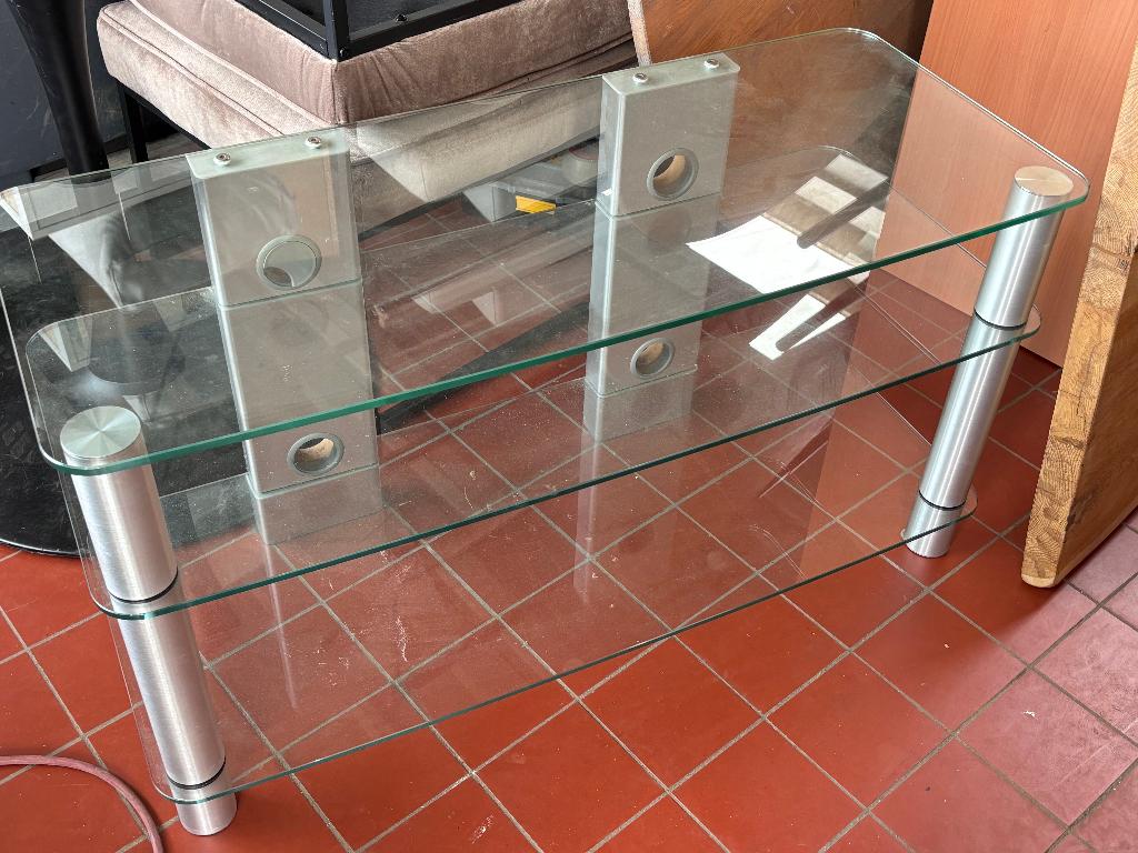 Glazen tv-meubel design hifi-meubel transparant metaal, Ophalen, Gebruikt, 100 tot 150 cm, Glas