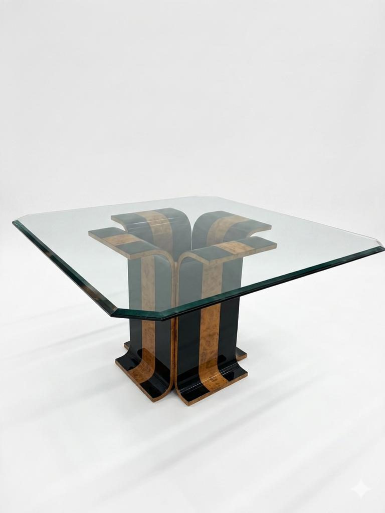 Vintage vierkant Italiaans design eettafel / Hollywood, Gebruikt, 100 tot 150 cm, Glas, Ophalen of Verzenden