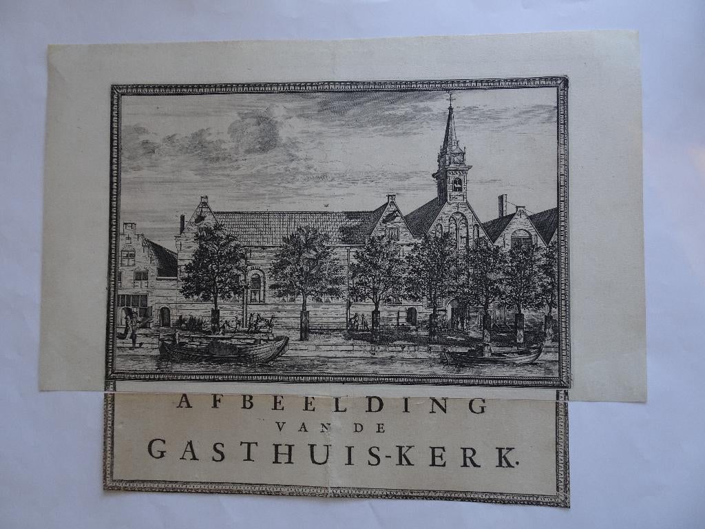Gravure Oude gasthuis kerk Delft Koornmarkt, C. Decker 1703, Antiek en Kunst, Verzenden