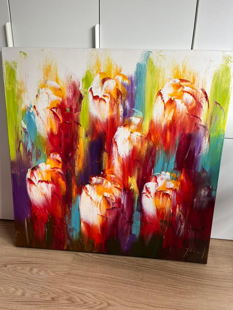 Schilderij - jochem de graag - 100x100 - tulpen, Antiek en Kunst, Kunst | Schilderijen | Abstract, Ophalen