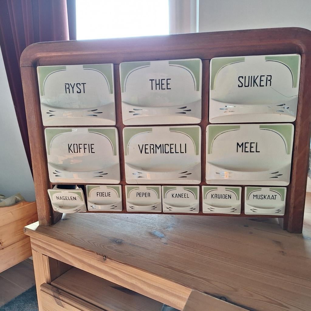 Vintage kruidenrek met porseleinen lades, Ophalen