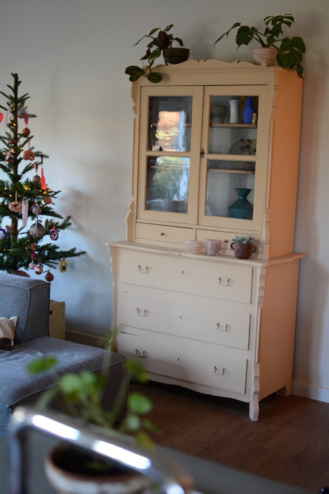 Oude antieke vitrine kast buffetkast, Ophalen, 100 tot 150 cm, 150 tot 200 cm, 25 tot 50 cm