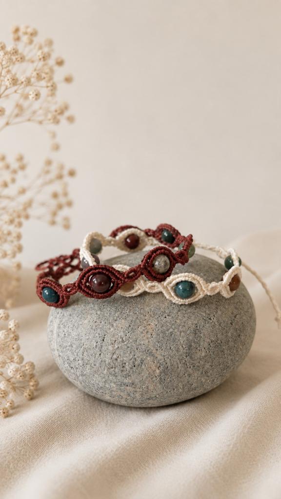 Set van handgemaakte Macramé Armbanden met Edelstenen, Overige materialen, Overige kleuren, Nieuw, Ophalen of Verzenden