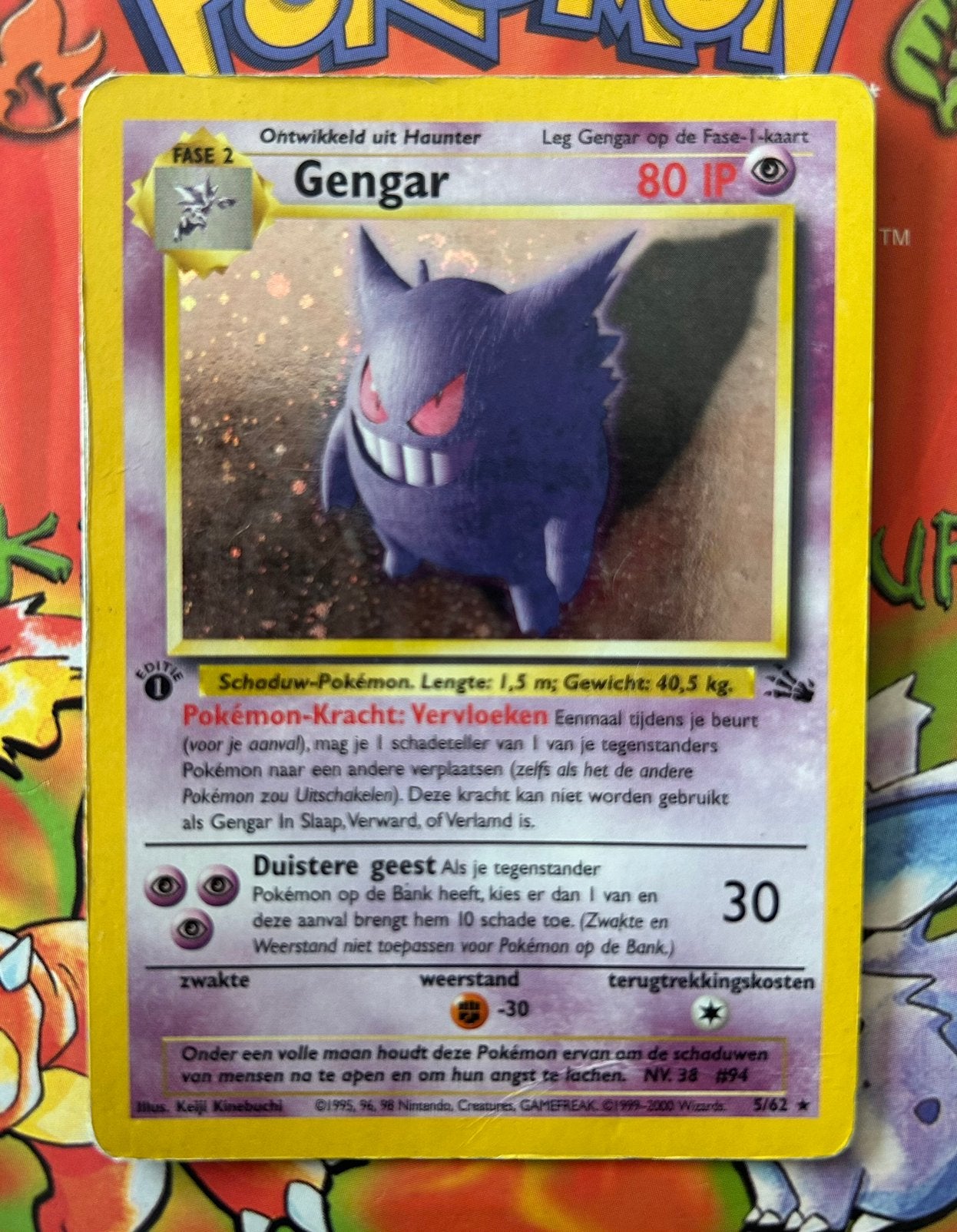 Pokémon Kaart Gengar 1st Edition Holo 5/62 Fossil, Ophalen of Verzenden, Gebruikt, Losse kaart