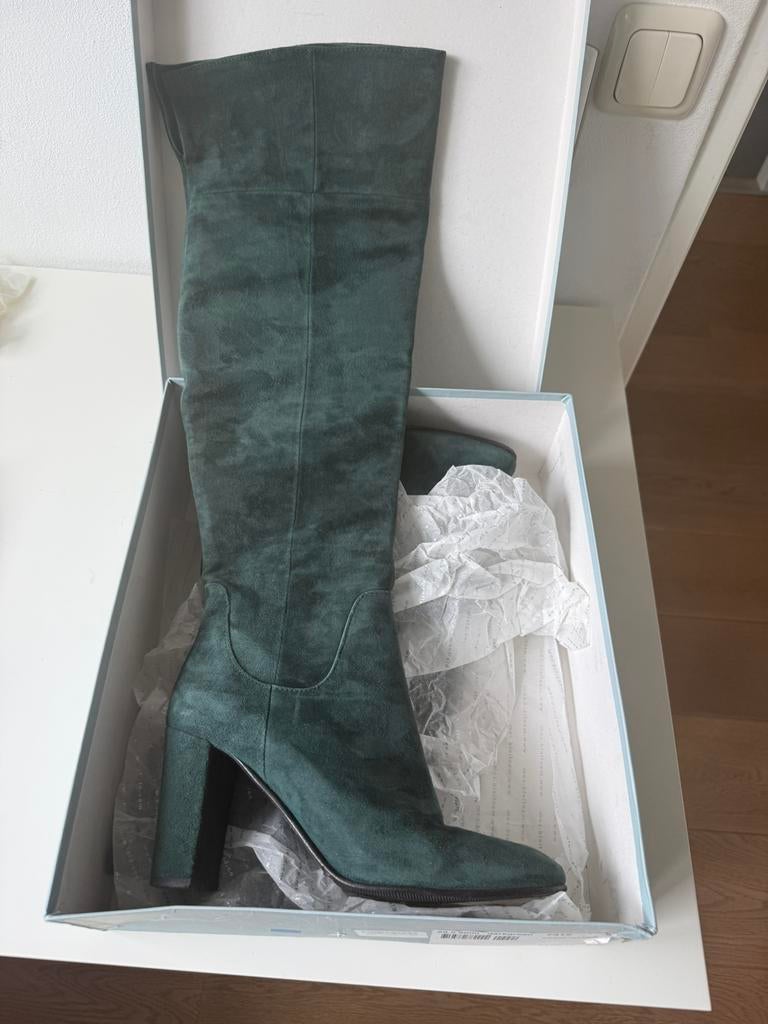 Manfield, donkergroene suede overknees maat 39, Ophalen, Hoge laarzen, Zo goed als nieuw, Groen