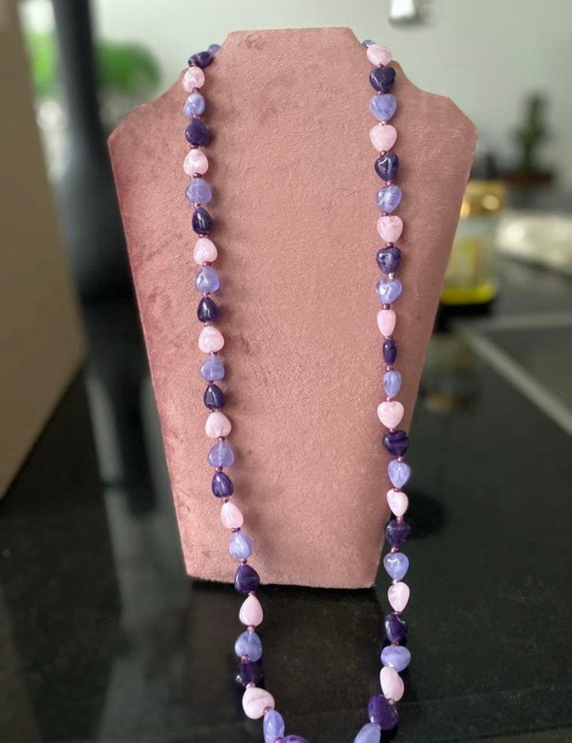 Vintage jaren ‘70 hartjes art glazen kralenketting, Ophalen of Verzenden, Zo goed als nieuw, Roze, Overige materialen