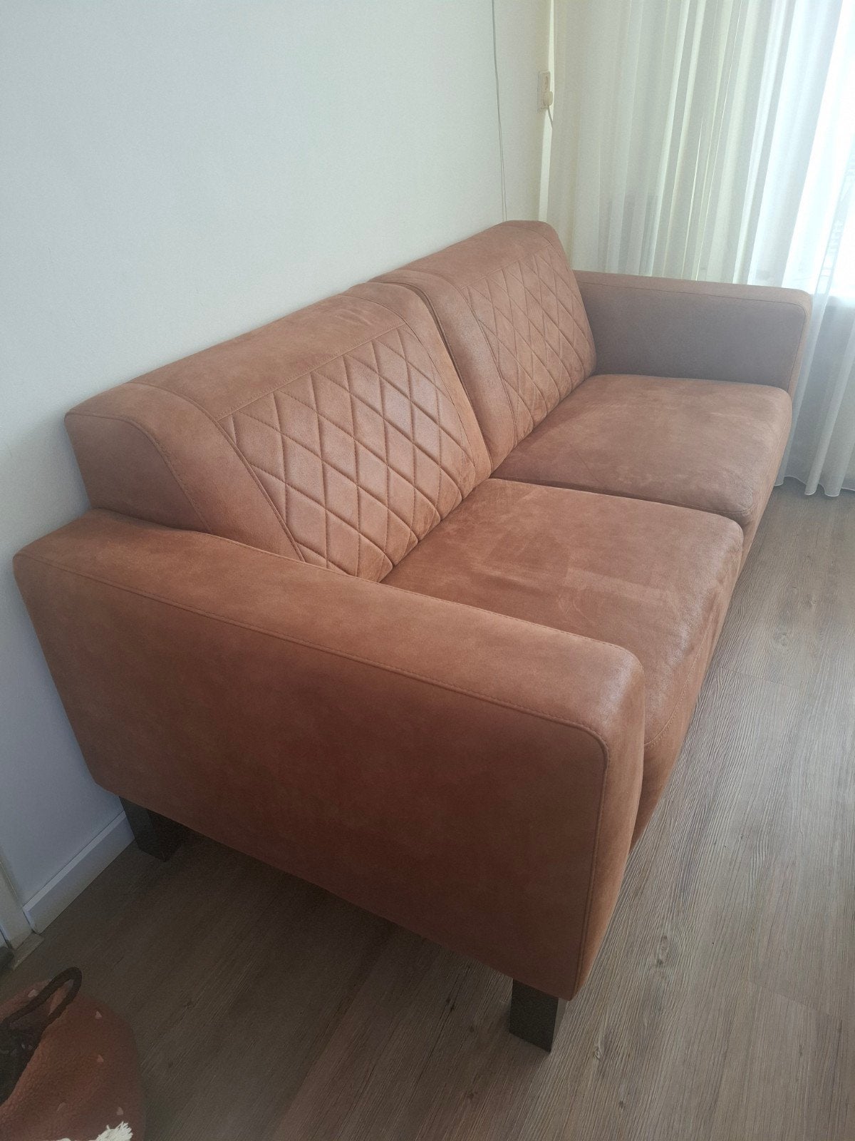 Suede cognac bank, Ophalen, Gebruikt, Tweepersoons, 75 tot 100 cm