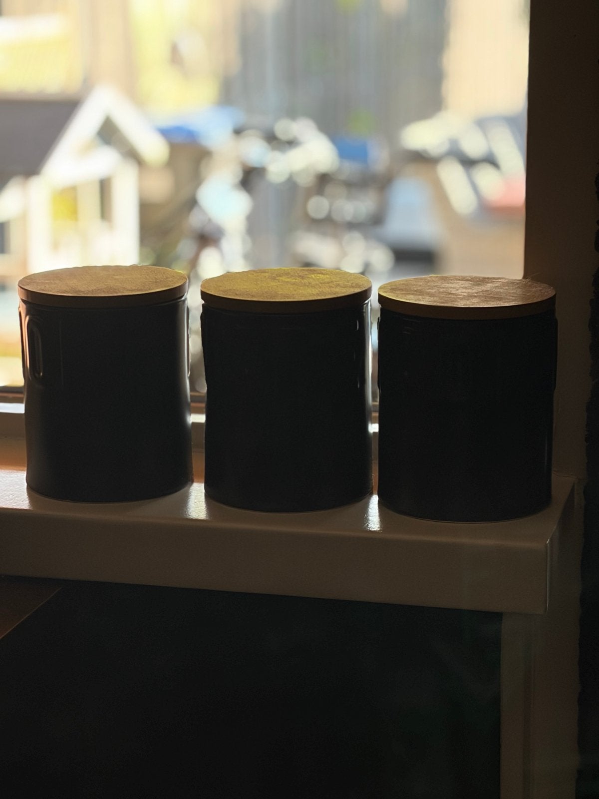 Rivièra Maison Voorraadpotten Set - Zwart met Houten Deksel, Huis en Inrichting, Ophalen of Verzenden, Zo goed als nieuw, Steen/keramiek