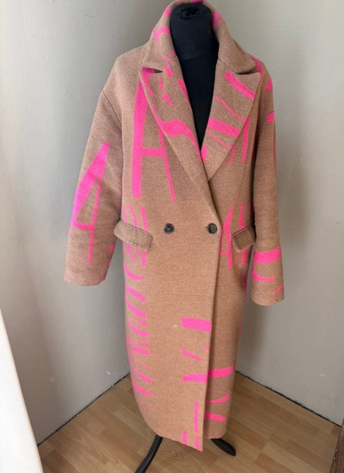 Eksept Robbie Glam lange mantel 30% wol camel/roze mt 42/44, Kleding | Dames, Jassen | Winter, Ophalen of Verzenden, Maat 42/44 (L)
