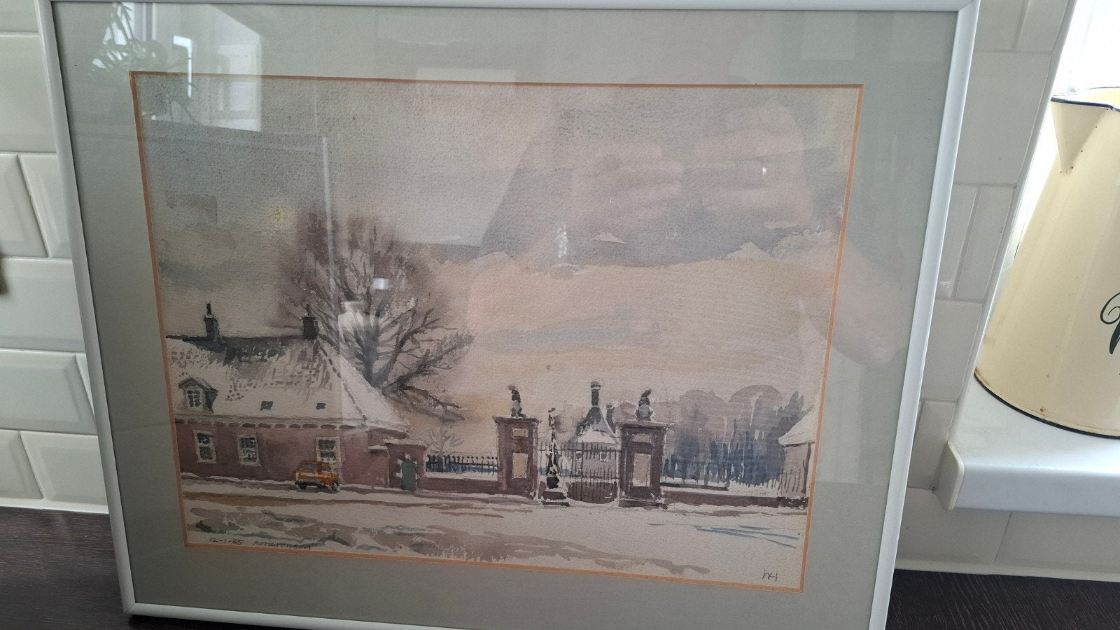 winter aquarel schilderij 12-1-85 Amerongen zie omschrijving, Ophalen, Doek, Gesigneerd, Stads- / dorpsgezicht