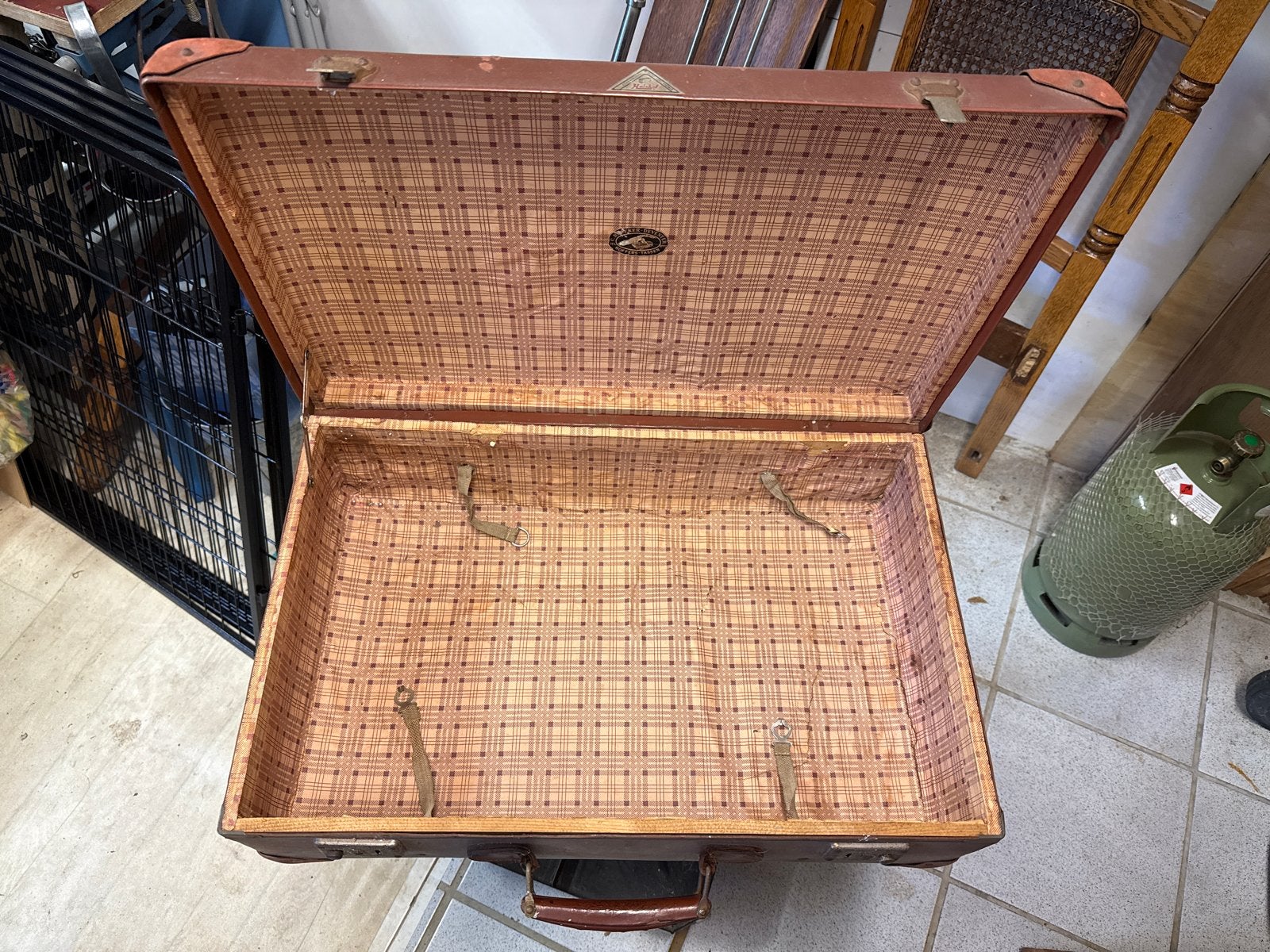 Vintage Koffer - Bruin met Geruite Binnenkant, Ophalen, Overige materialen, Gebruikt, 50 tot 60 cm