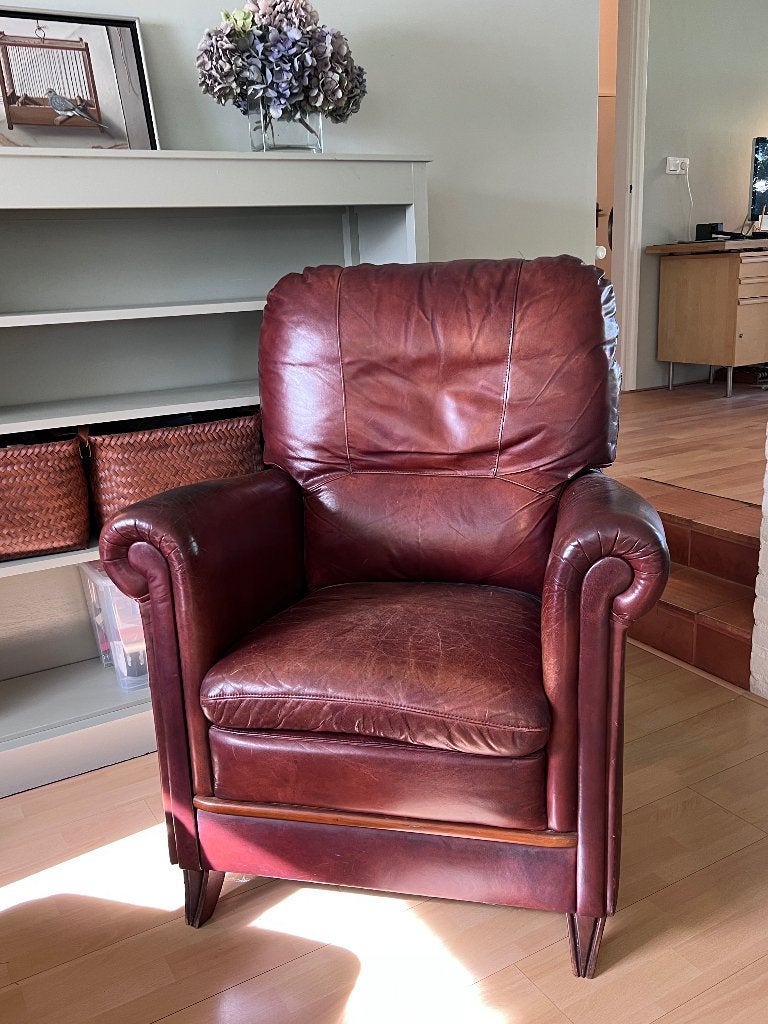 Mooie leren Fauteuil, Ophalen, Gebruikt, 75 tot 100 cm, Retro