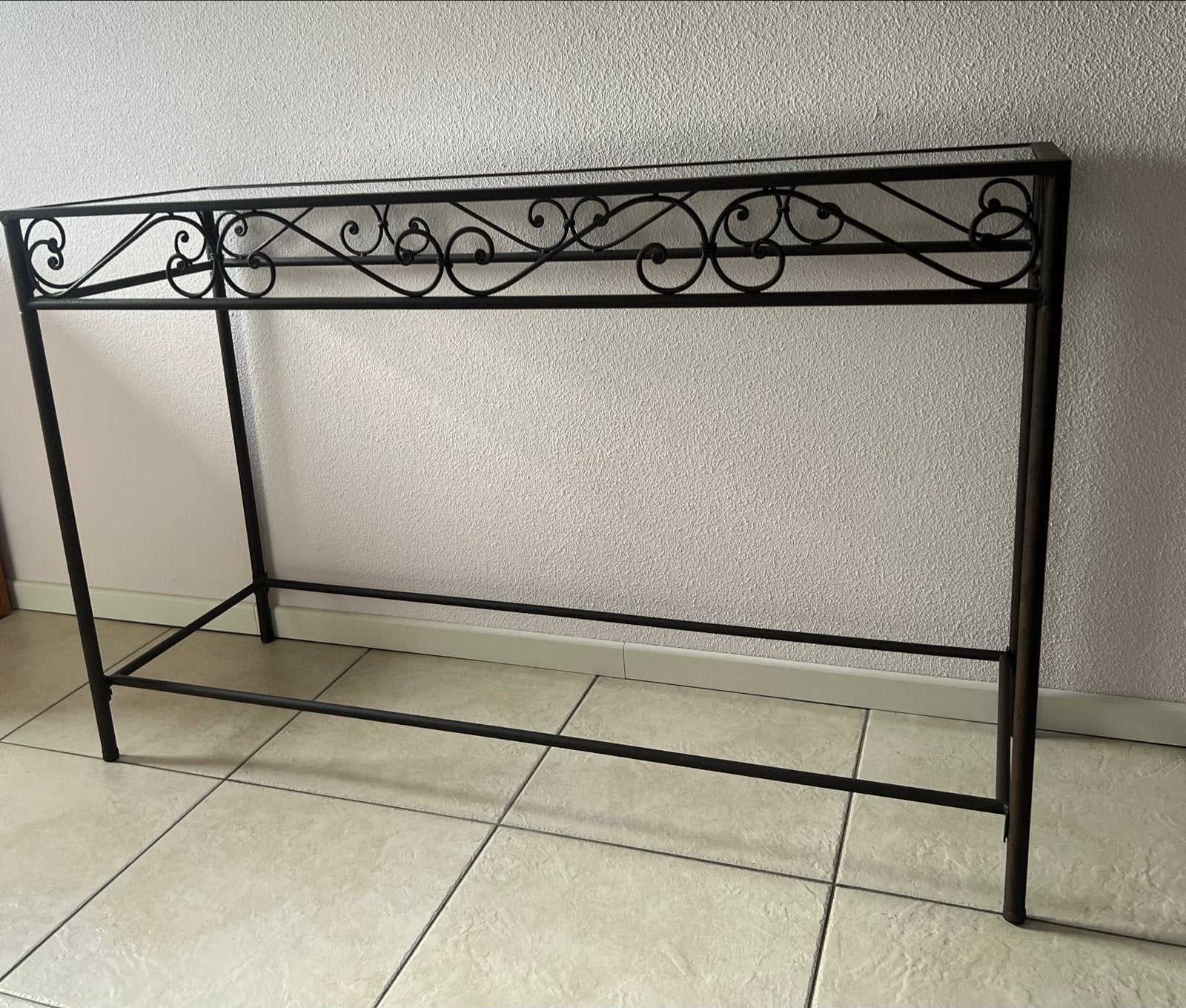 Metalen console tafel met glasplaat, Ophalen, Gebruikt, Metaal of Aluminium, 75 cm of meer