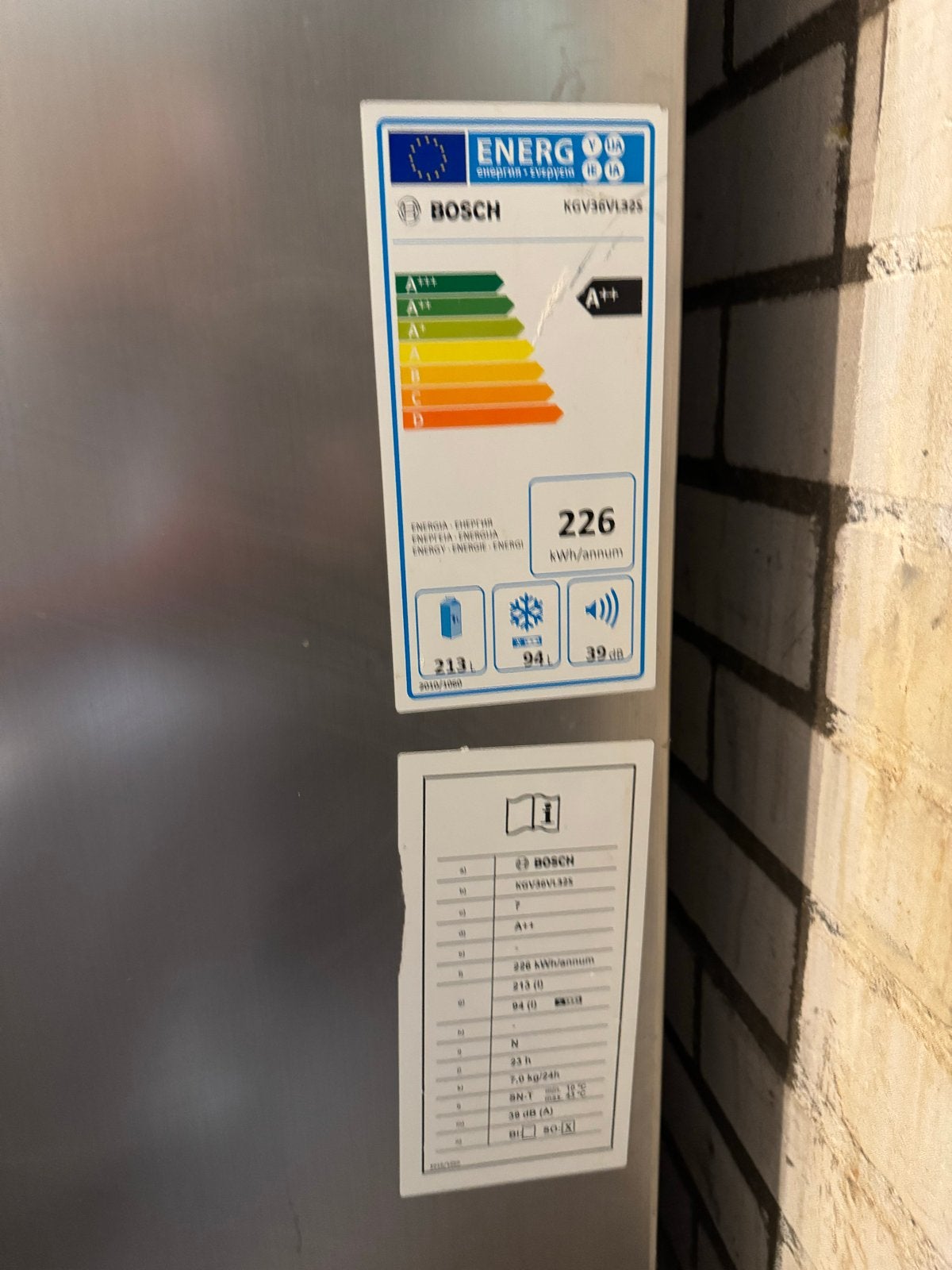 Bosch Koel-vriescombinatie A++ KGV36VL32S, Witgoed en Apparatuur, Koelkasten en IJskasten, Gebruikt, 200 liter of meer, 60 cm of meer