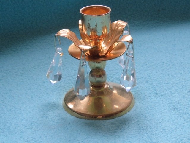 Vintage metalen kandelaar met glazen geslepen druppels, Ophalen of Verzenden
