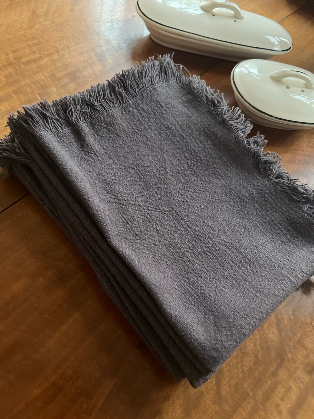 Donkergrijs katoenen placemats linnen look met franjes, Ophalen, Zo goed als nieuw, Katoen, Franjes/kwastjes