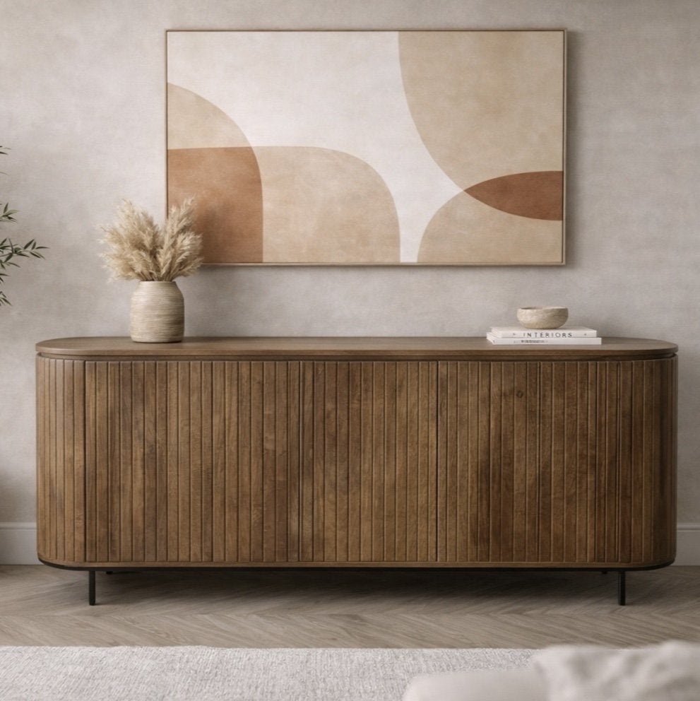 Magazijn Leegverkoop Dressoir retro mangohout ribbel 210 cm, Nieuw, Ophalen of Verzenden, Info@wkhome.nl, Argonweg 20 Amersfoort