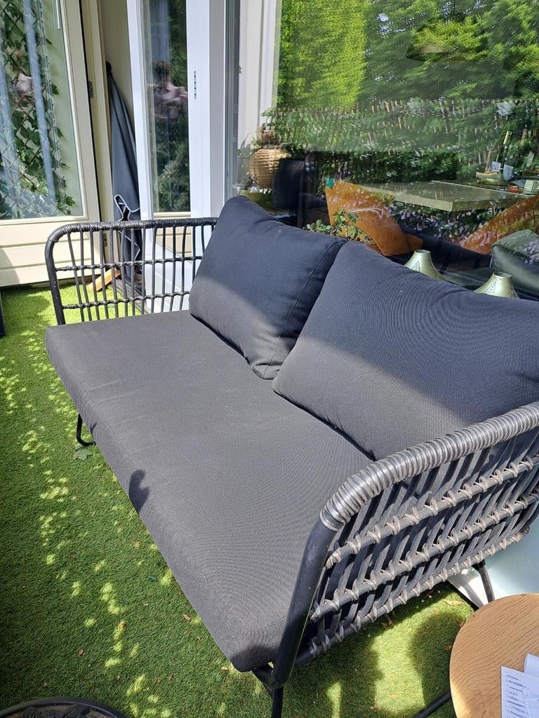 Tuinsetje zwart, incl. kussens (zgan), Tuin en Terras, Tuinsets en Loungesets, Ophalen, Overige materialen, 3 zitplaatsen, Zo goed als nieuw