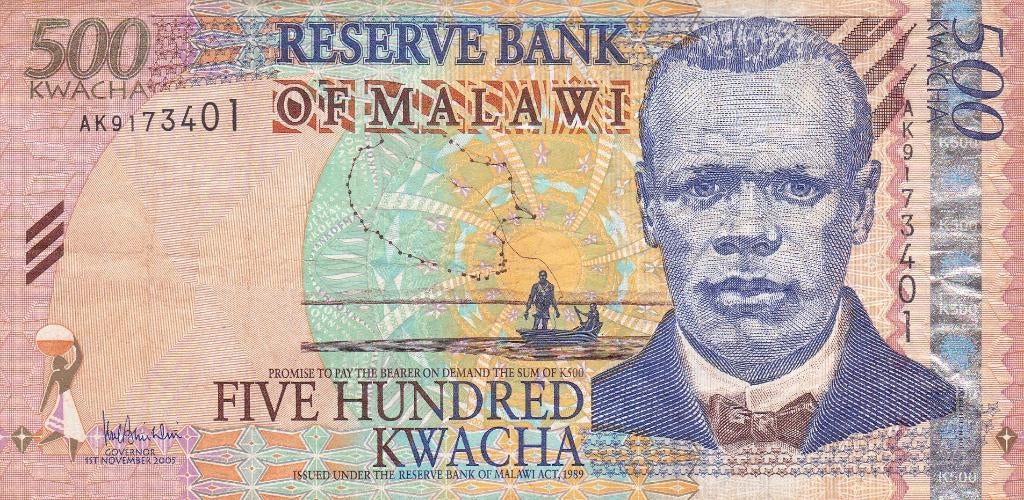 RESERVE  BANK  MALAWI   500  KWACHA  2005, Postzegels en Munten, Ophalen of Verzenden, Overige landen