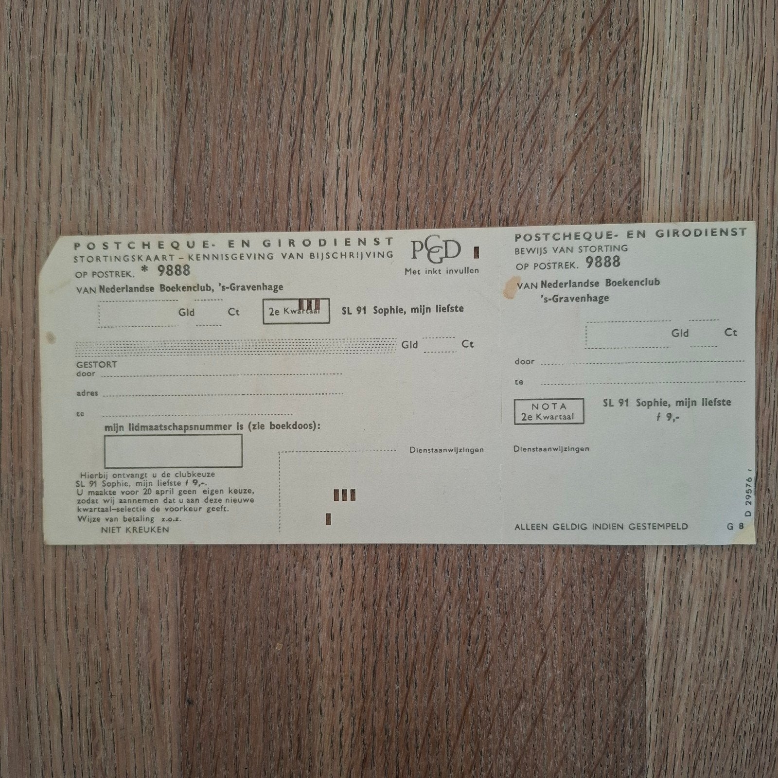 postcheque en girodienst stortingskaart boekenclub, Ophalen of Verzenden, Zo goed als nieuw