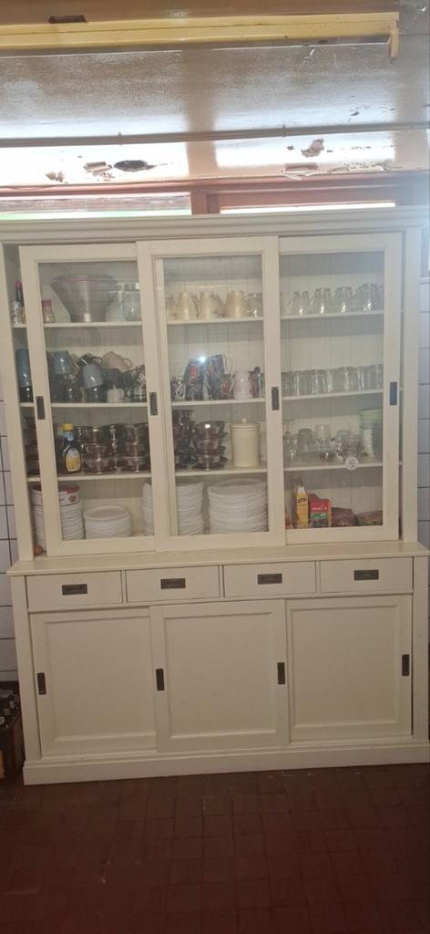 Grote buffetkast met glazen schuifdeuren en lades, Huis en Inrichting, Kasten | Buffetkasten, Gebruikt, Glas, 150 tot 200 cm, Ophalen of Verzenden