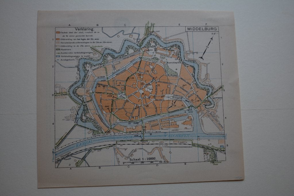 MIDDELBURG PLATTEGROND CHROMOLITHO ANWB 1901-1920 EB9, Antiek en Kunst, Kunst | Etsen en Gravures, Cartografie, 19 cm, Ophalen of Verzenden