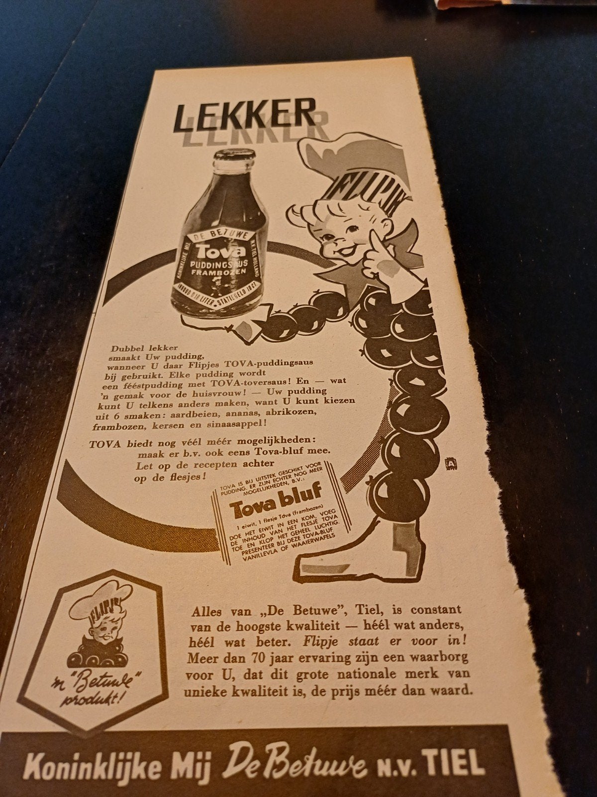 advertentie mij. de Betuwe Tiel Flipje lekker 1957, Ophalen of Verzenden, Zo goed als nieuw, Overige typen