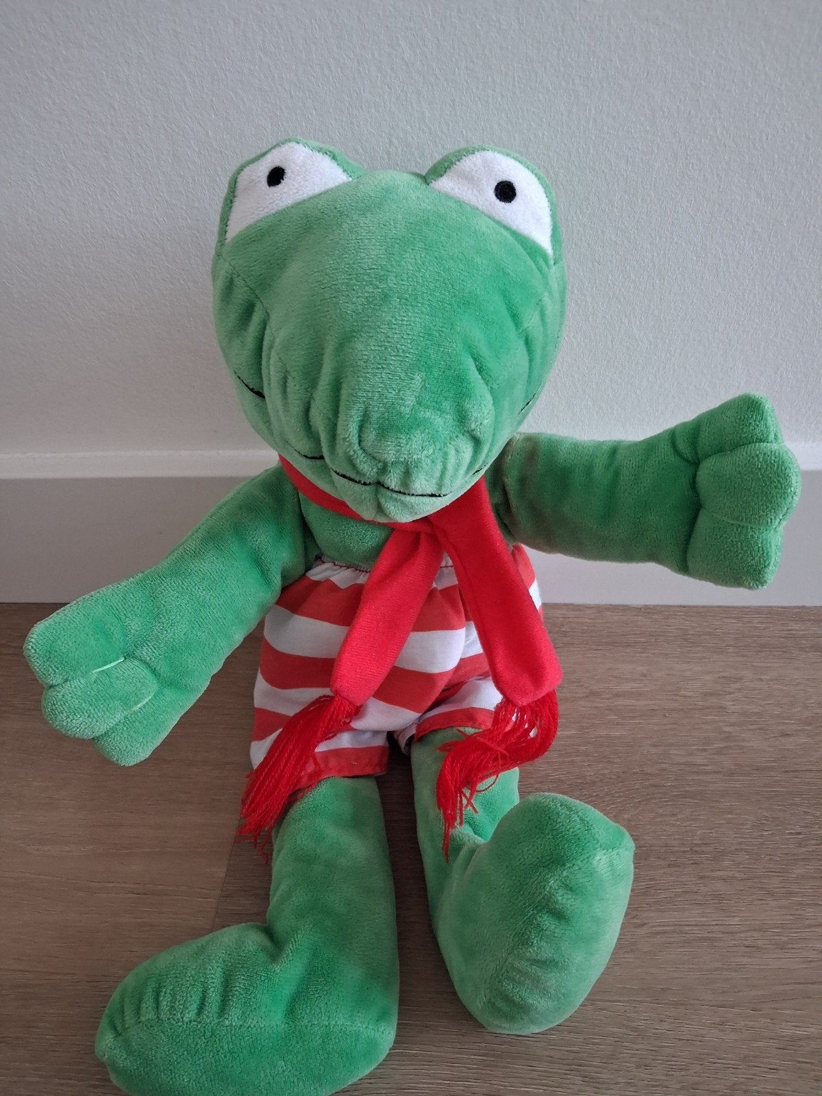 Knuffel kikker Max Velthuijs handpop streep wit rood L1748, Ophalen of Verzenden, Zo goed als nieuw, Kikker