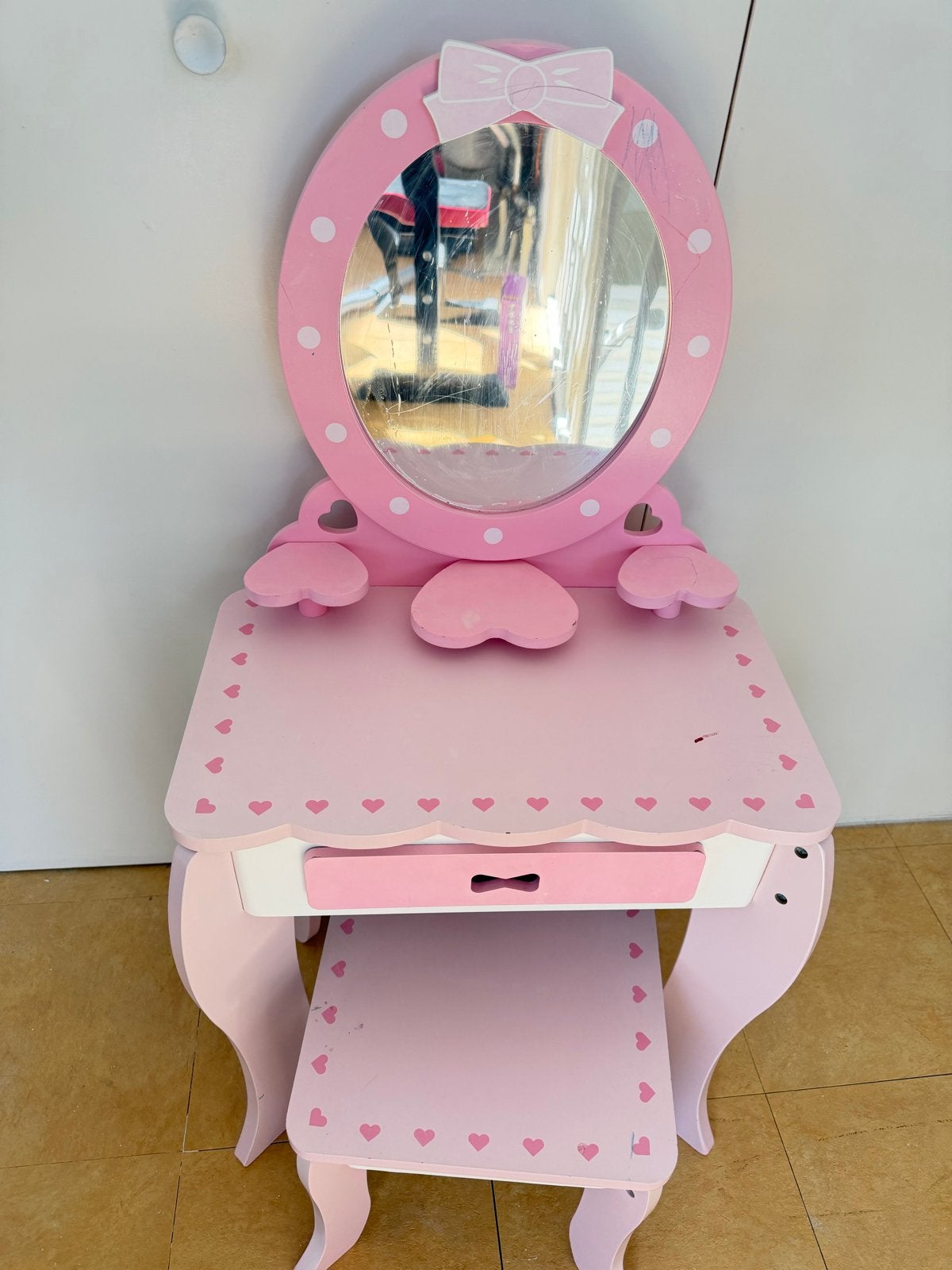 Roze kaptafel met spiegel en krukje voor kinderen, Ophalen, Gebruikt, Tafel