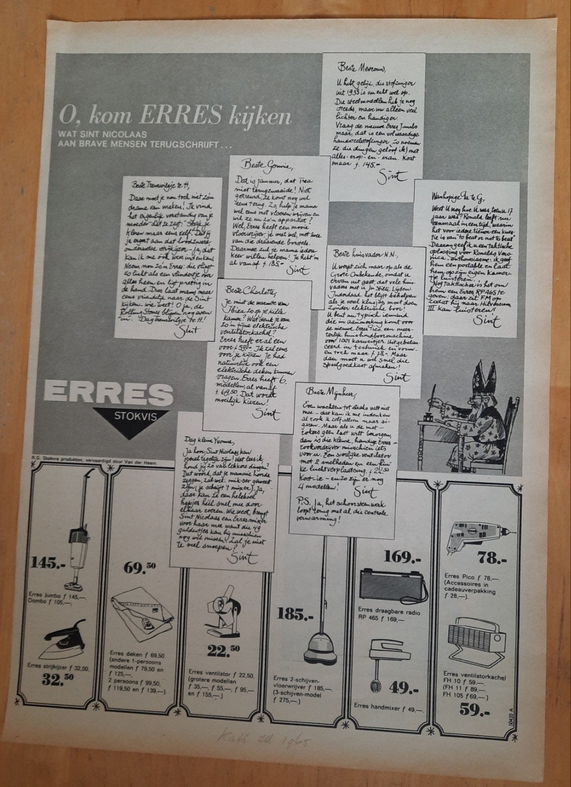 Sinterklaas advertentie - ERRES - uit Tijdschrift 1965, Ophalen of Verzenden, 1960 tot 1980, Knipsel(s)