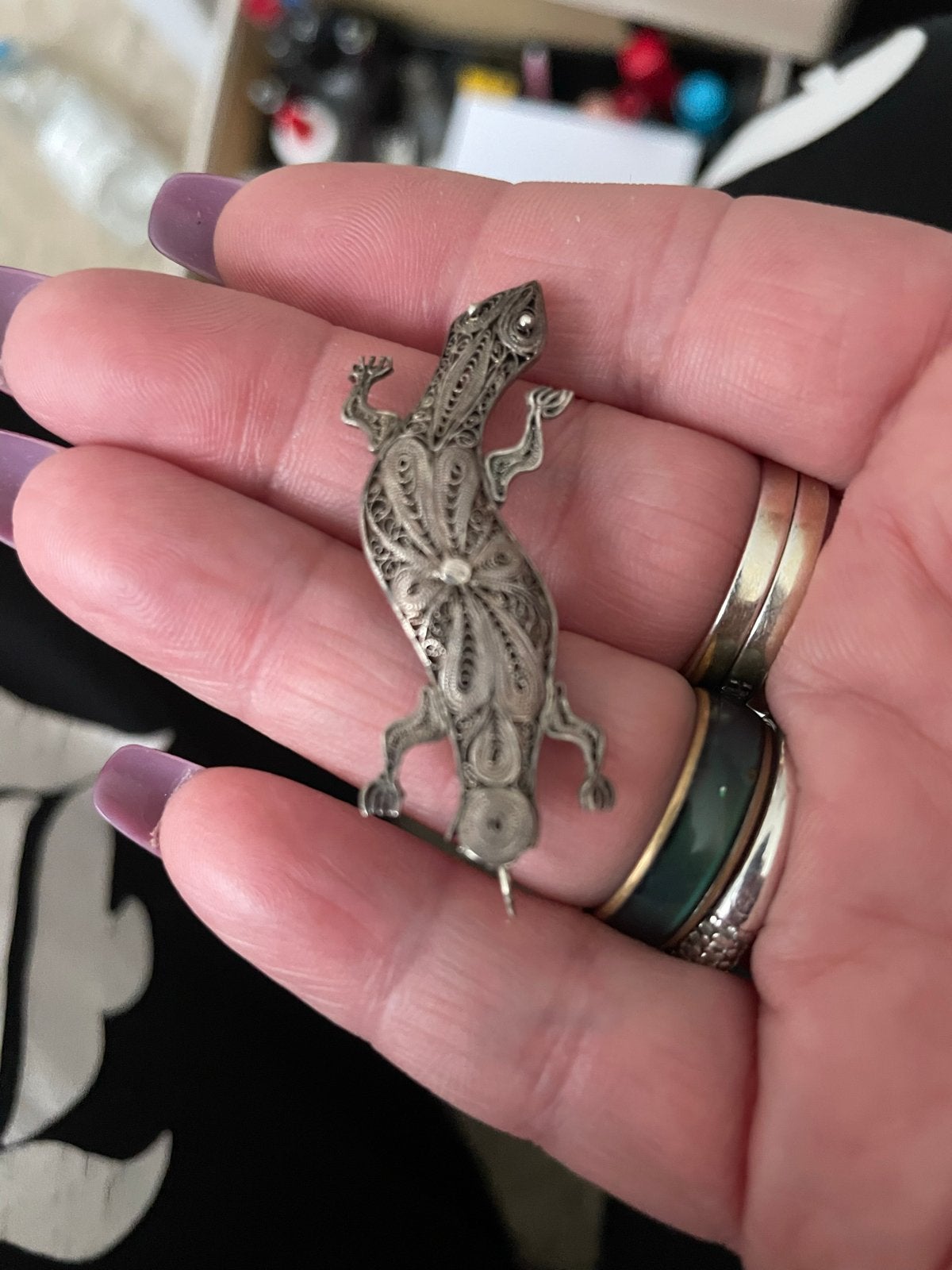 Antieke Zilveren Filigraan Hagedis Broche - Zeer Oud, Verzenden, Gebruikt, 4 tot 7 cm, Zilver