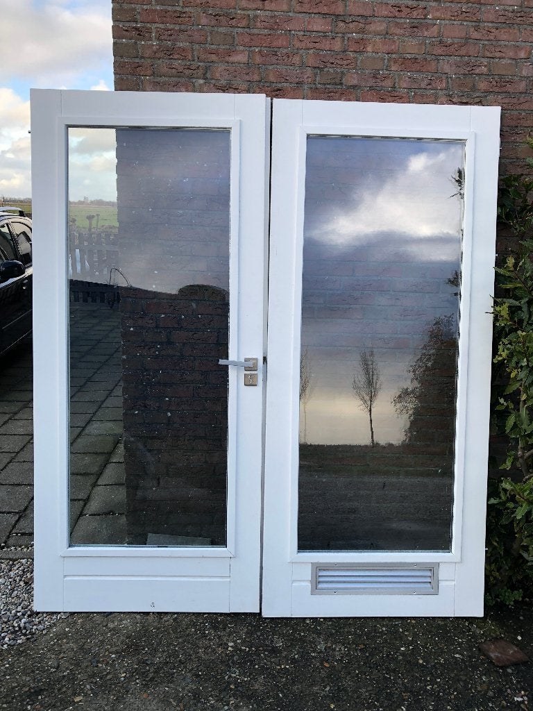 |hardhouten dubbele buitendeuren| dubbelglas|211,5x187|, Ophalen, Gebruikt, 120 cm of meer, Buitendeur