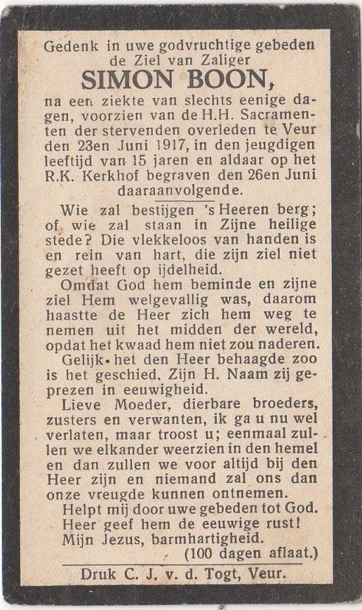 Simon Boon 1902 Veur - 1917 Veur, 15 jaar oud, tuinder, Verzamelen, Bidprentjes en Rouwkaarten, Verzenden