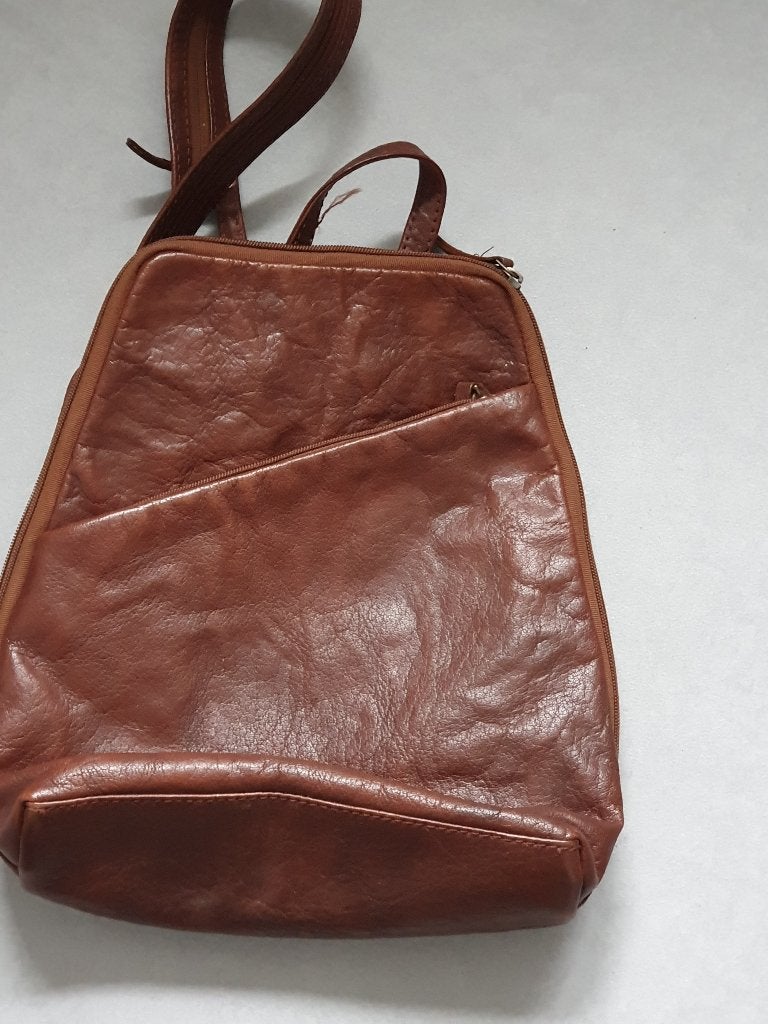 LEREN RUGTAS  COGNAC BRUIN, Overige merken, 25 tot 40 cm, Ophalen of Verzenden, Zo goed als nieuw
