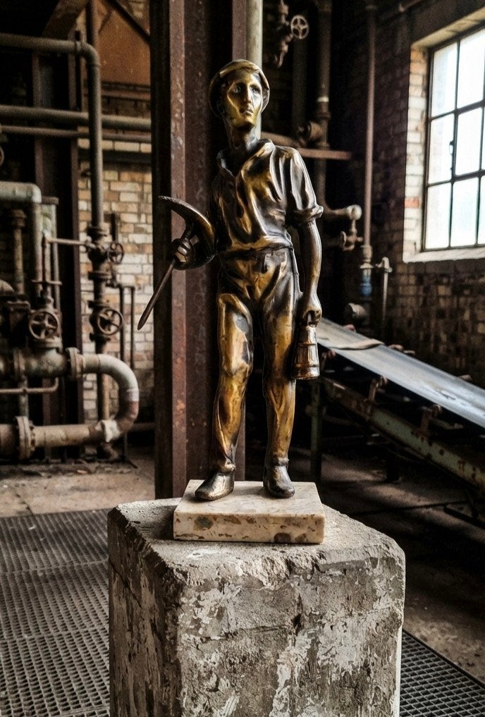 Bronzen beeld van een mijnwerker met pikhouweel en lamp, Antiek en Kunst, Ophalen of Verzenden