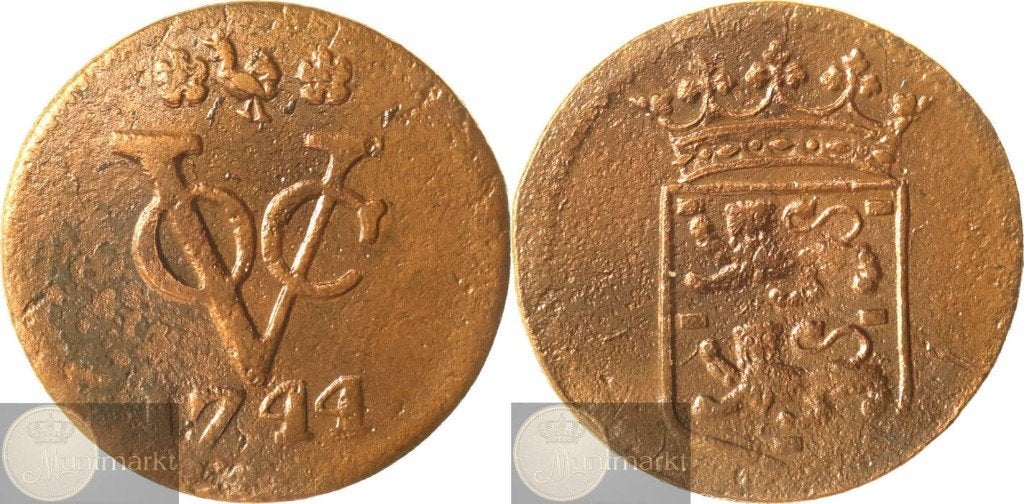 V.O.C. - West-Friesland - Duit 1744 - Mmt tussen rozetten, Ophalen of Verzenden, Vóór koninkrijk, Overige waardes, Losse munt