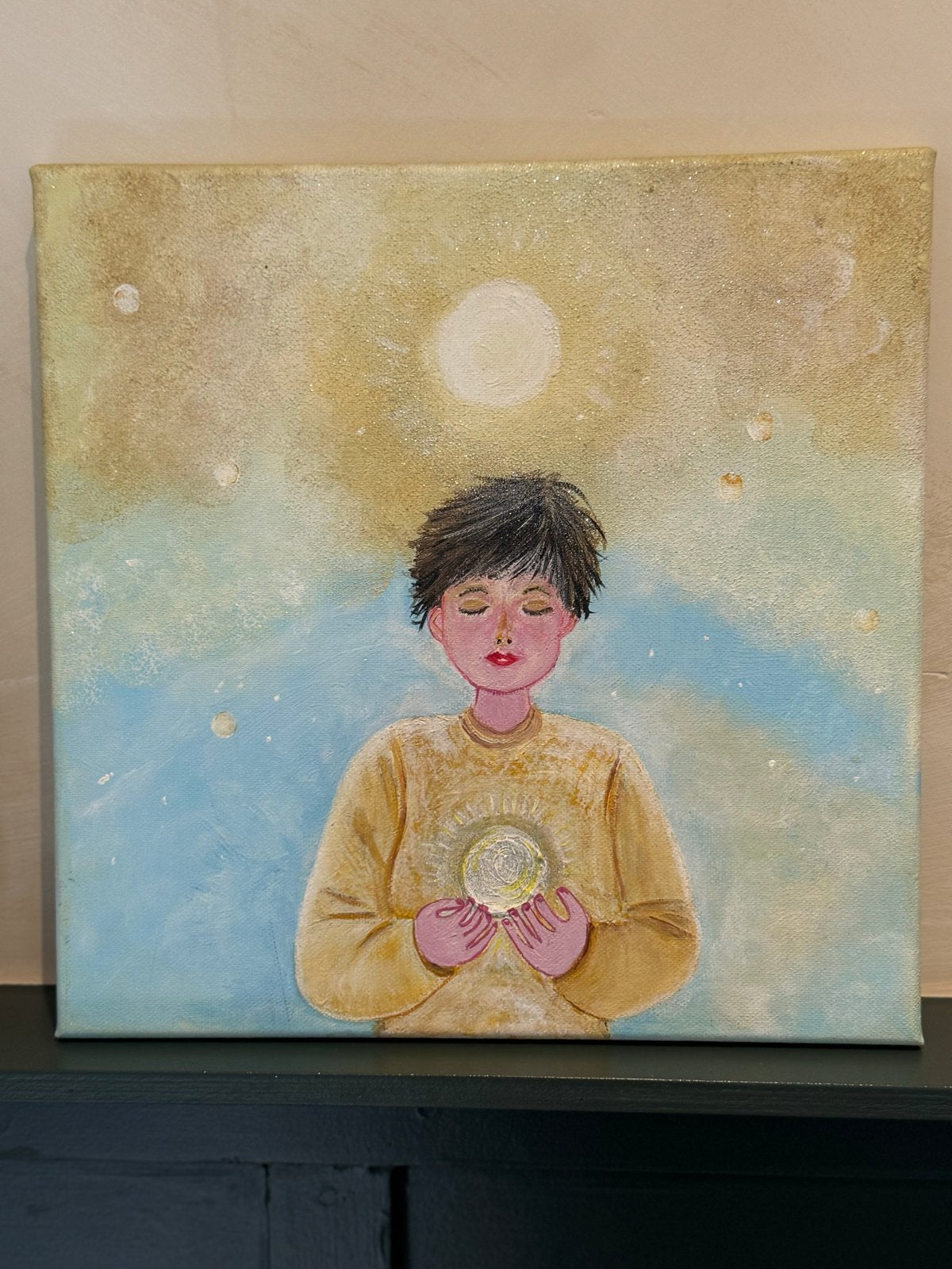 Schilderij 30x30 cm - Jongen met Lichtbol, Handgeschilderd, Ophalen of Verzenden, Textiel, Figuren